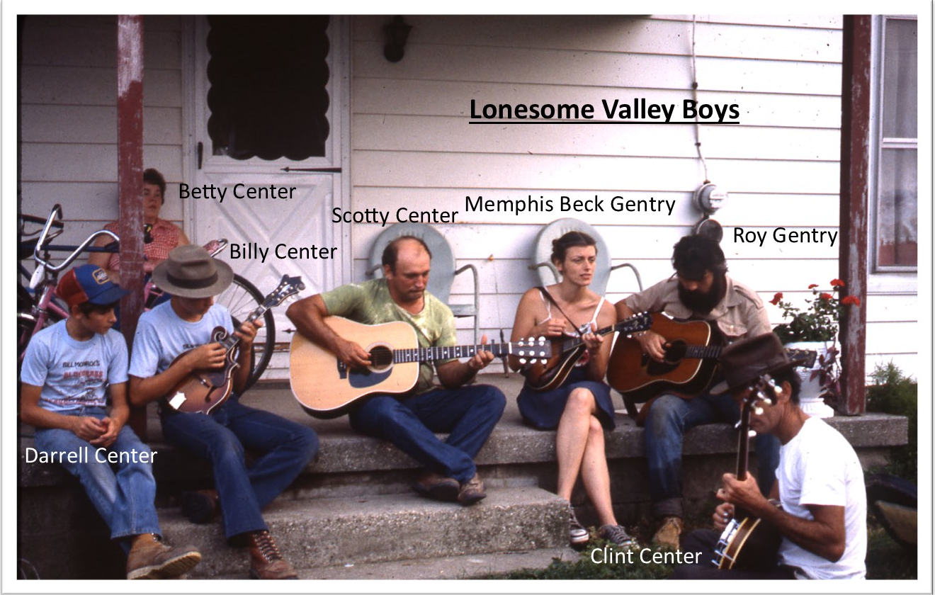 Photograph of the Lonesome Valley Boys, a bluegrass band, on the front porch of the Clint and Betty Center's house.